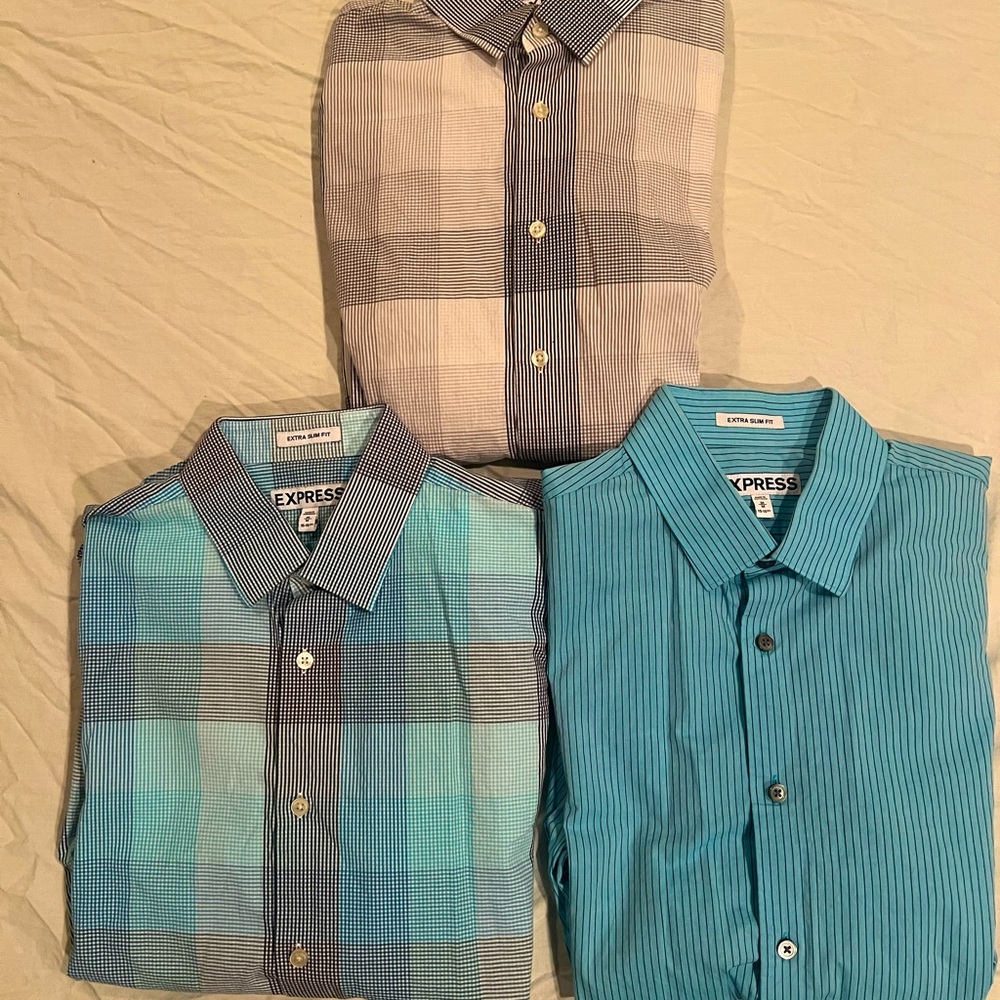 Lot Of 3 Express Extra Slim Fit Button Up Teal Dress Shirts - Medium, 15-15.5”